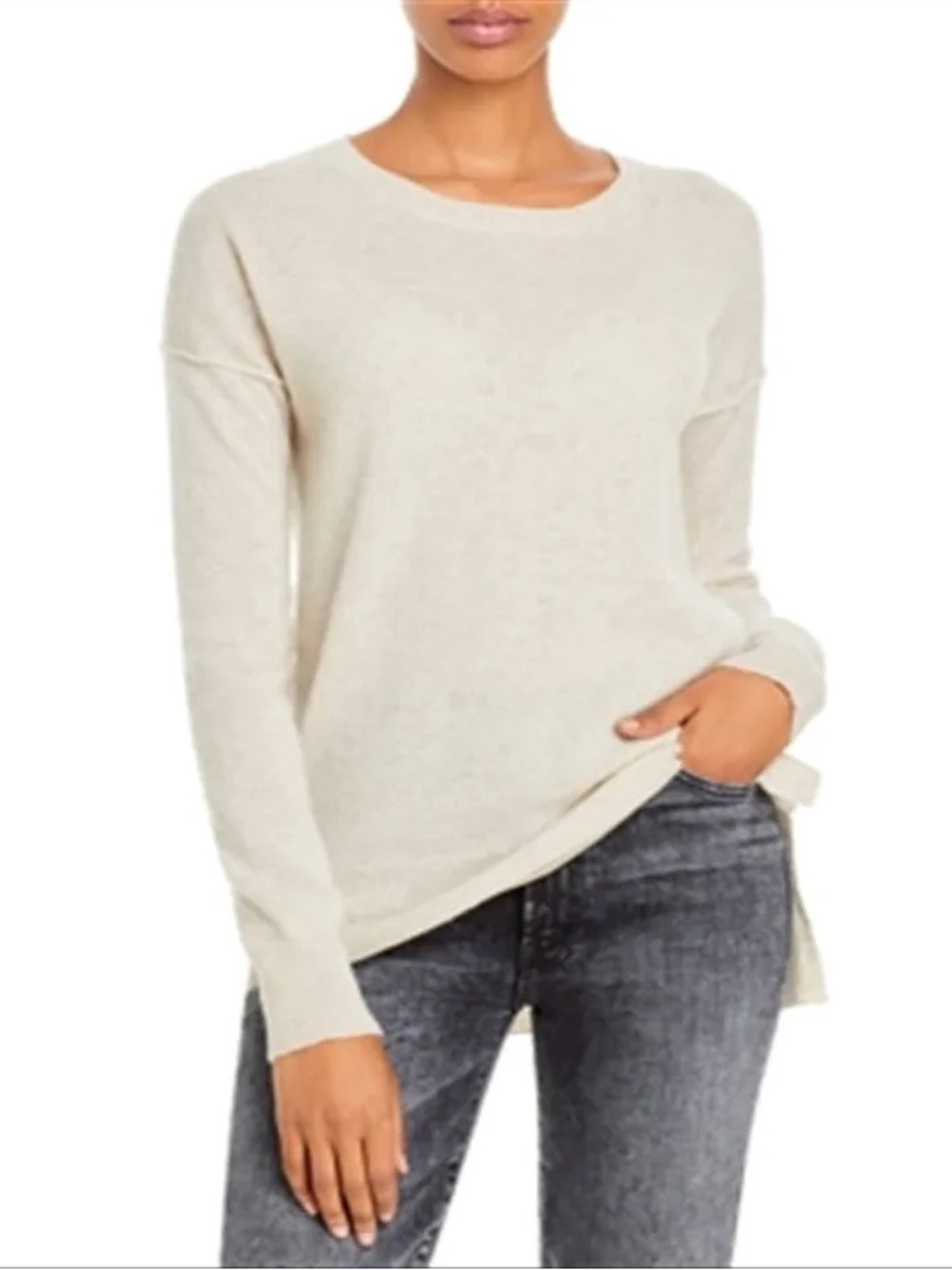 Aqua Women’s High Low Crewneck Cashmere Sweater - Oatmeal